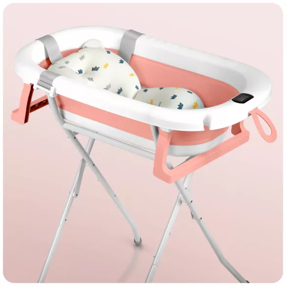 Utazó gyerekkád, Ricokids RK-287, fehér/rózsaszín, 85 x 45 cm, 45 l, összecsukható, hőmérővel, hőérzékelős dugóval, kivehető párnával, állvánnyal, teherbírás: 45 kg, 0-3 éves korig