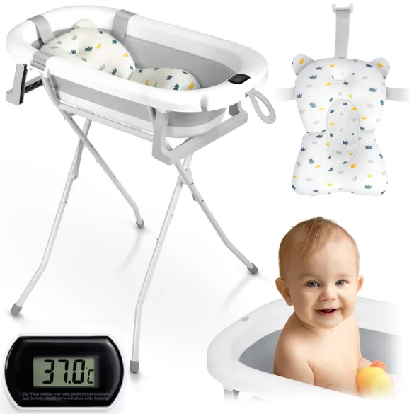 Utazó gyerekkád, Ricokids RK-287, fehér/szürke, 85 x 45 cm, 45 l, összecsukható, hőmérővel, hőérzékelős dugóval, kivehető párnával, állvánnyal, teherbírás: 45 kg, 0-3 éves korig