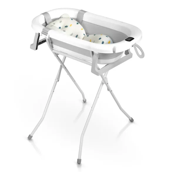 Utazó gyerekkád, Ricokids RK-287, fehér/szürke, 85 x 45 cm, 45 l, összecsukható, hőmérővel, hőérzékelős dugóval, kivehető párnával, állvánnyal, teherbírás: 45 kg, 0-3 éves korig