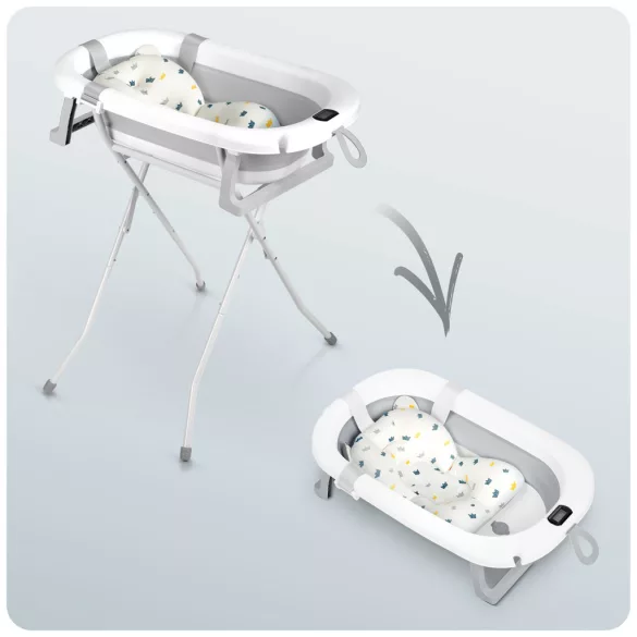 Utazó gyerekkád, Ricokids RK-287, fehér/szürke, 85 x 45 cm, 45 l, összecsukható, hőmérővel, hőérzékelős dugóval, kivehető párnával, állvánnyal, teherbírás: 45 kg, 0-3 éves korig