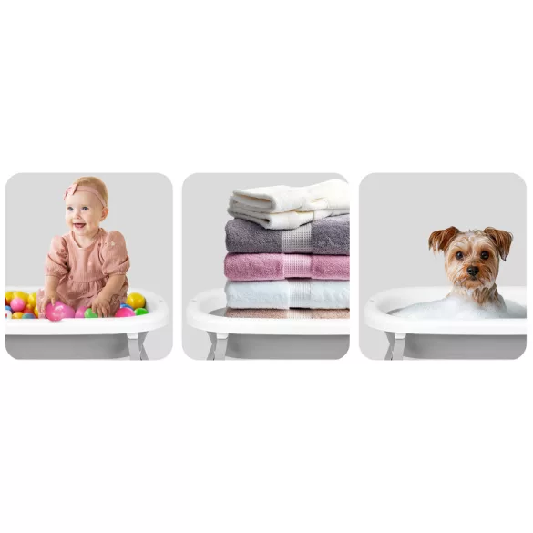 Utazó gyerekkád, Ricokids RK-287, fehér/szürke, 85 x 45 cm, 45 l, összecsukható, hőmérővel, hőérzékelős dugóval, kivehető párnával, állvánnyal, teherbírás: 45 kg, 0-3 éves korig