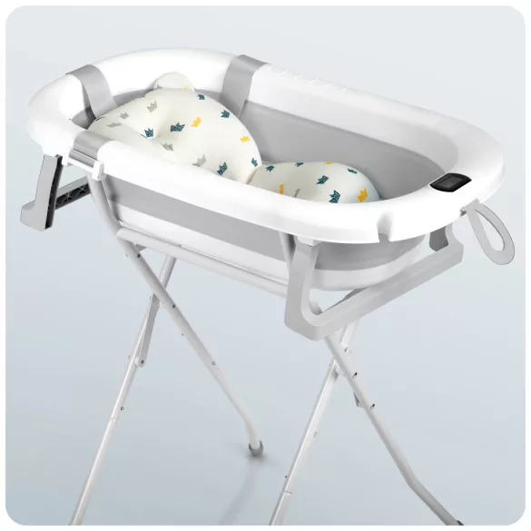 Utazó gyerekkád, Ricokids RK-287, fehér/szürke, 85 x 45 cm, 45 l, összecsukható, hőmérővel, hőérzékelős dugóval, kivehető párnával, állvánnyal, teherbírás: 45 kg, 0-3 éves korig