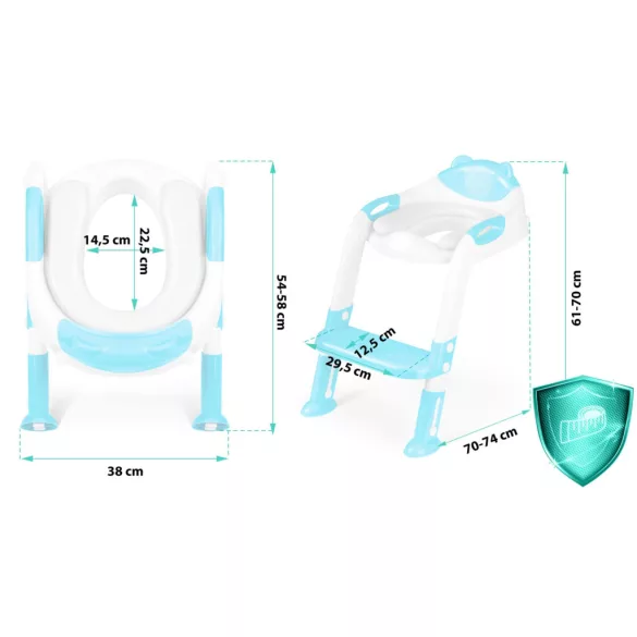 Gyerek WC-ülőke, Ricokids 729200, kék/fehér, mackó mintás, magasság: 61–70 cm, összecsukható, levehető létrával, csúszásgátló lábakkal, teherbírás: 50 kg