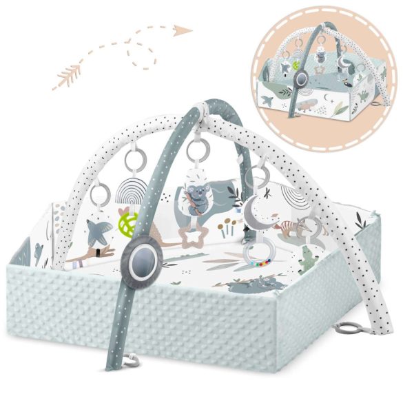 Játszószőnyeg, Nukido, koala minta, 136 x 136 cm, kétoldalas, levehető ívekkel, 7 db játékkal, párnával