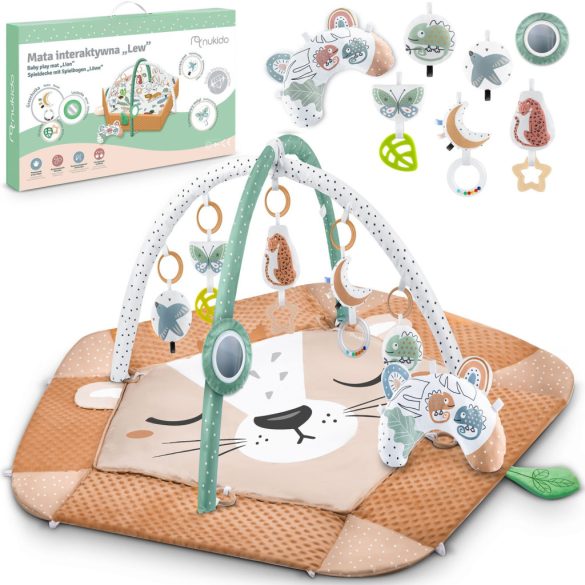 Játszószőnyeg, Nukido, oroszlán minta, 136 x 136 cm, kétoldalas, levehető ívekkel, 7 db játékkal, párnával