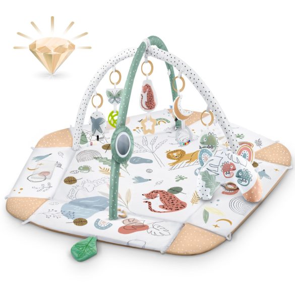 Játszószőnyeg, Nukido, oroszlán minta, 136 x 136 cm, kétoldalas, levehető ívekkel, 7 db játékkal, párnával