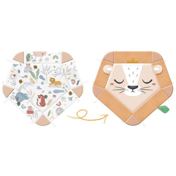 Játszószőnyeg, Nukido, oroszlán minta, 136 x 136 cm, kétoldalas, levehető ívekkel, 7 db játékkal, párnával