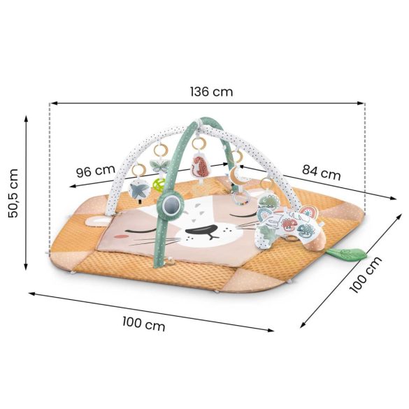 Játszószőnyeg, Nukido, oroszlán minta, 136 x 136 cm, kétoldalas, levehető ívekkel, 7 db játékkal, párnával