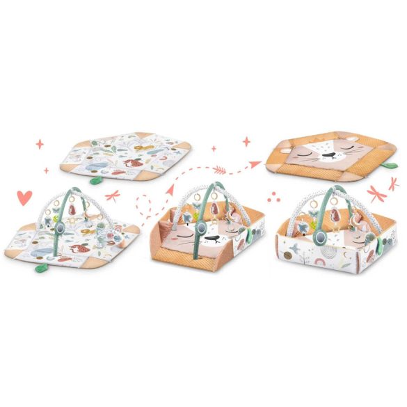 Játszószőnyeg, Nukido, oroszlán minta, 136 x 136 cm, kétoldalas, levehető ívekkel, 7 db játékkal, párnával