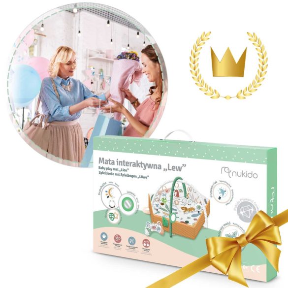 Játszószőnyeg, Nukido, oroszlán minta, 136 x 136 cm, kétoldalas, levehető ívekkel, 7 db játékkal, párnával