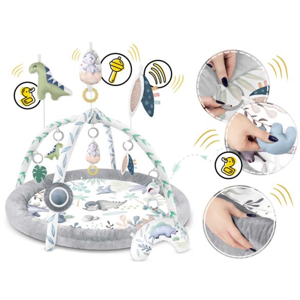 Játszószőnyeg, Nukido, dinoszaurusz minta, 97 x 78 cm, levehető ívekkel, 7 db játékkal, párnával