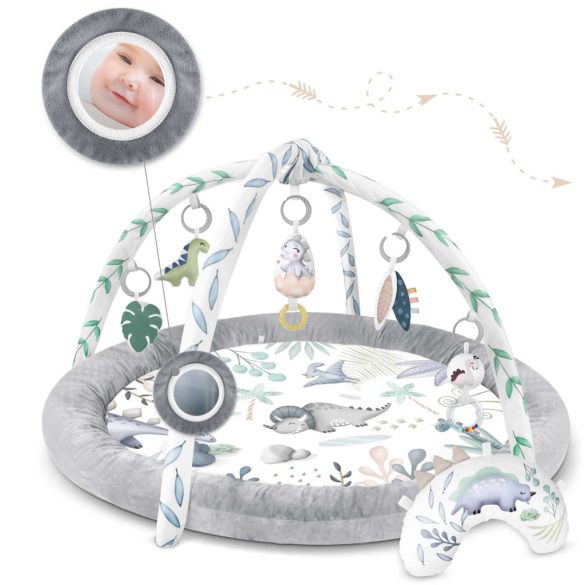 Játszószőnyeg, Nukido, dinoszaurusz minta, 97 x 78 cm, levehető ívekkel, 7 db játékkal, párnával