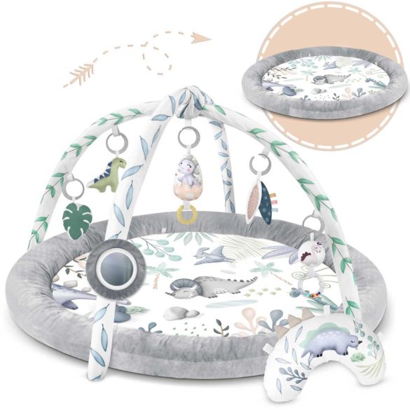 Játszószőnyeg, Nukido, dinoszaurusz minta, 97 x 78 cm, levehető ívekkel, 7 db játékkal, párnával