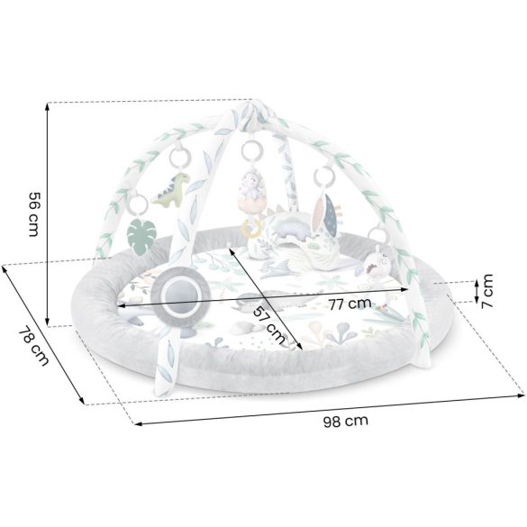 Játszószőnyeg, Nukido, dinoszaurusz minta, 97 x 78 cm, levehető ívekkel, 7 db játékkal, párnával