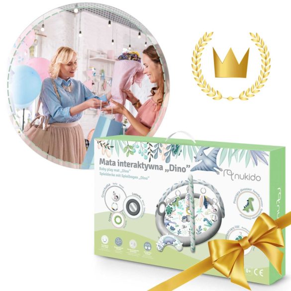 Játszószőnyeg, Nukido, dinoszaurusz minta, 97 x 78 cm, levehető ívekkel, 7 db játékkal, párnával