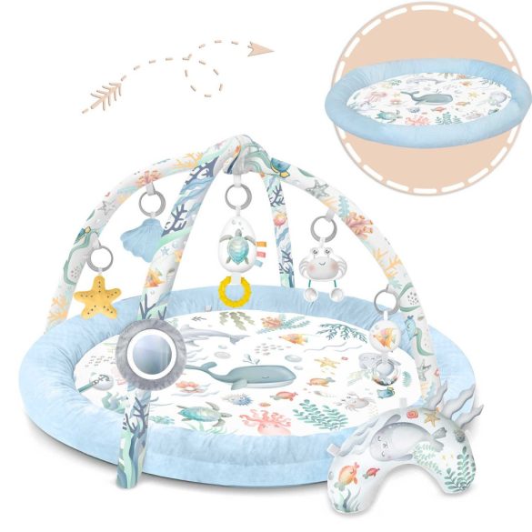 Játszószőnyeg, Nukido, kék, óceán minta, 97 x 78 cm, levehető ívekkel, 7 db játékkal, párnával