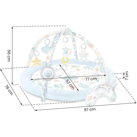 Játszószőnyeg, Nukido, kék, óceán minta, 97 x 78 cm, levehető ívekkel, 7 db játékkal, párnával