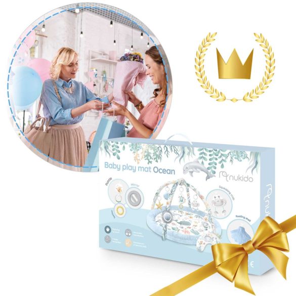 Játszószőnyeg, Nukido, kék, óceán minta, 97 x 78 cm, levehető ívekkel, 7 db játékkal, párnával