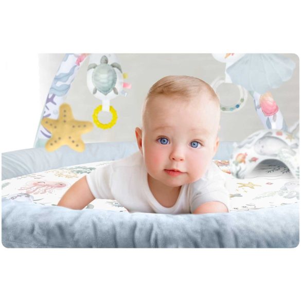 Játszószőnyeg, Nukido, kék, óceán minta, 97 x 78 cm, levehető ívekkel, 7 db játékkal, párnával