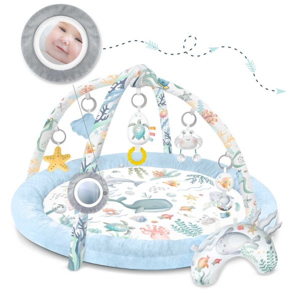 Játszószőnyeg, Nukido, kék, óceán minta, 97 x 78 cm, levehető ívekkel, 7 db játékkal, párnával