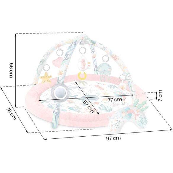 Játszószőnyeg, Nukido, rózsaszín, óceán minta, 97 x 78 cm, levehető ívekkel, 7 db játékkal, párnával