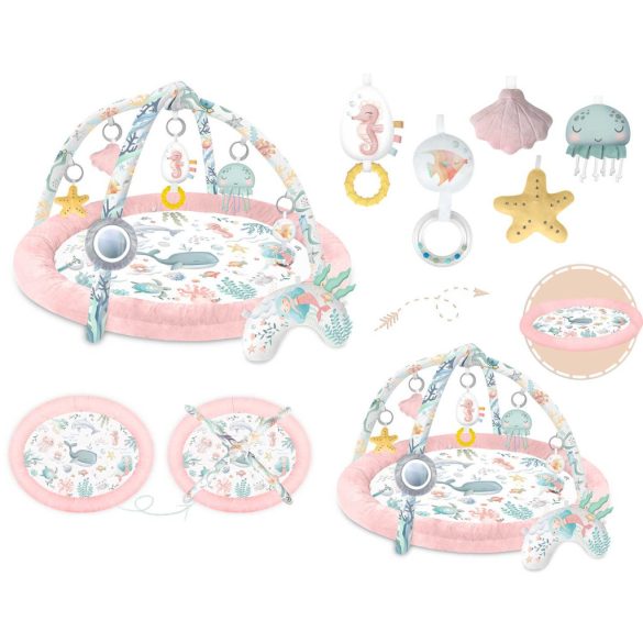 Játszószőnyeg, Nukido, rózsaszín, óceán minta, 97 x 78 cm, levehető ívekkel, 7 db játékkal, párnával