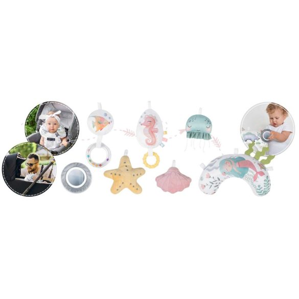 Játszószőnyeg, Nukido, rózsaszín, óceán minta, 97 x 78 cm, levehető ívekkel, 7 db játékkal, párnával