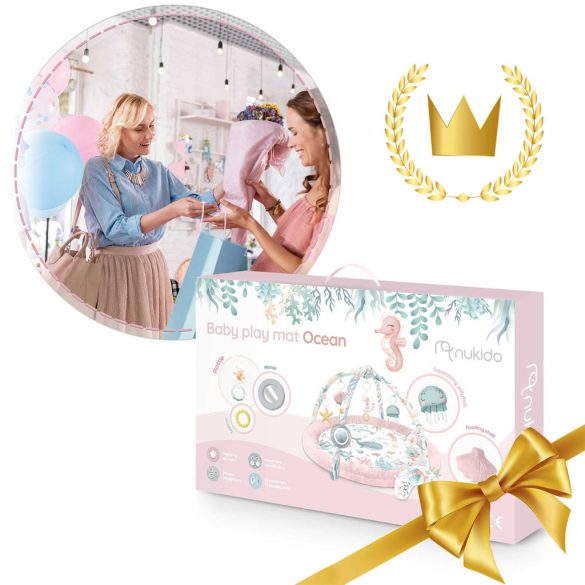 Játszószőnyeg, Nukido, rózsaszín, óceán minta, 97 x 78 cm, levehető ívekkel, 7 db játékkal, párnával