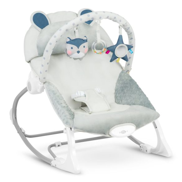 Gyerek pihenőszék, Ricokids, szürke, 53 x 39 cm, levehető játékhíd, 2 fokozatú dönthetőség, mosható huzat, hárompontos biztonsági öv, vibrációs, elemes (LR20 1,5 V, nem tartozék), 9 / 18 kg teherbírás