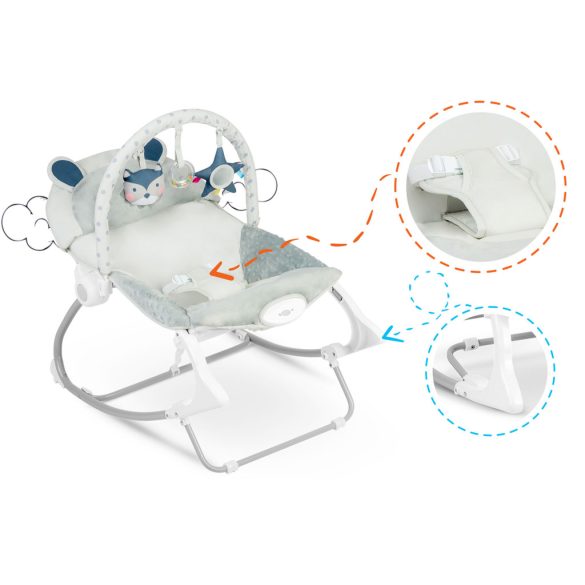 Gyerek pihenőszék, Ricokids, szürke, 53 x 39 cm, levehető játékhíd, 2 fokozatú dönthetőség, mosható huzat, hárompontos biztonsági öv, vibrációs, elemes (LR20 1,5 V, nem tartozék), 9 / 18 kg teherbírás