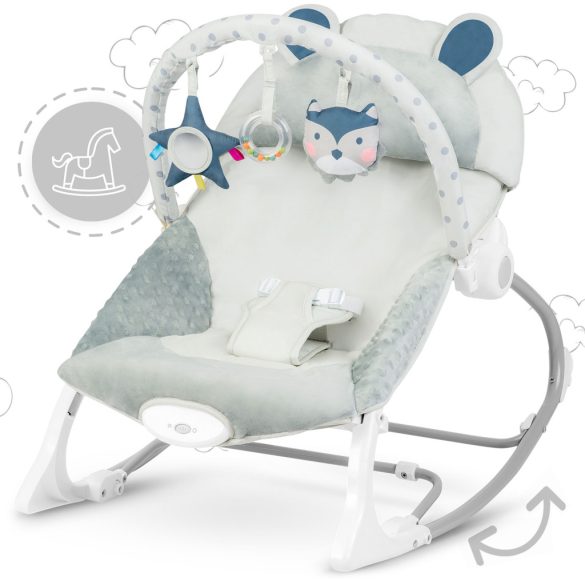 Gyerek pihenőszék, Ricokids, szürke, 53 x 39 cm, levehető játékhíd, 2 fokozatú dönthetőség, mosható huzat, hárompontos biztonsági öv, vibrációs, elemes (LR20 1,5 V, nem tartozék), 9 / 18 kg teherbírás