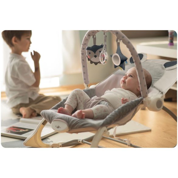 Gyerek pihenőszék, Ricokids, szürke, 53 x 39 cm, levehető játékhíd, 2 fokozatú dönthetőség, mosható huzat, hárompontos biztonsági öv, vibrációs, elemes (LR20 1,5 V, nem tartozék), 9 / 18 kg teherbírás