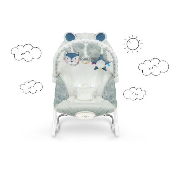 Gyerek pihenőszék, Ricokids, szürke, 53 x 39 cm, levehető játékhíd, 2 fokozatú dönthetőség, mosható huzat, hárompontos biztonsági öv, vibrációs, elemes (LR20 1,5 V, nem tartozék), 9 / 18 kg teherbírás