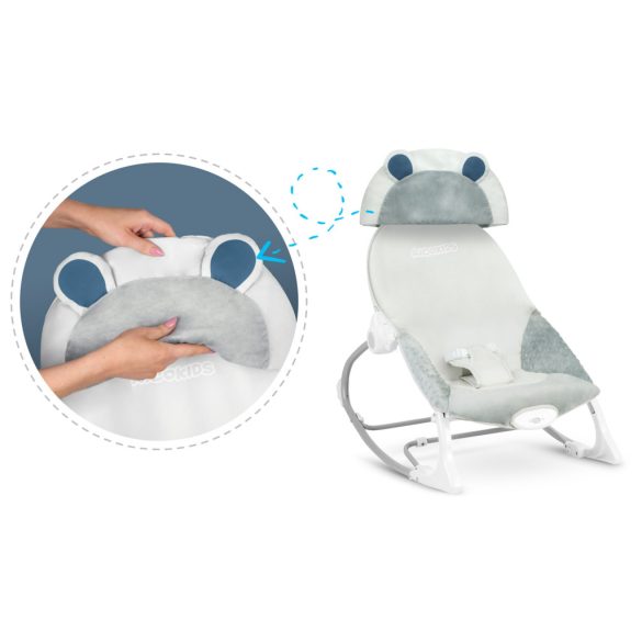 Gyerek pihenőszék, Ricokids, szürke, 53 x 39 cm, levehető játékhíd, 2 fokozatú dönthetőség, mosható huzat, hárompontos biztonsági öv, vibrációs, elemes (LR20 1,5 V, nem tartozék), 9 / 18 kg teherbírás