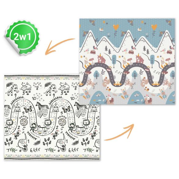 Játszószőnyeg, Nukido NK-340, hegyi táj, 200 x 180 cm, összehajtható, kétoldalas, vízálló, 1 cm vastag, XPE hab, csúszásgátló