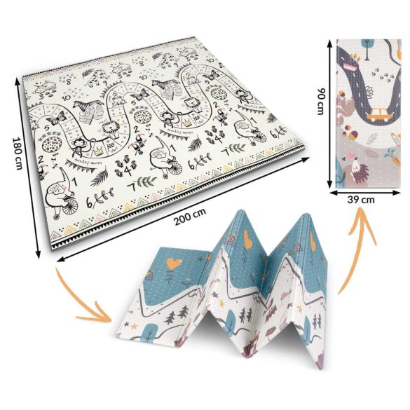 Játszószőnyeg, Nukido NK-340, hegyi táj, 200 x 180 cm, összehajtható, kétoldalas, vízálló, 1 cm vastag, XPE hab, csúszásgátló