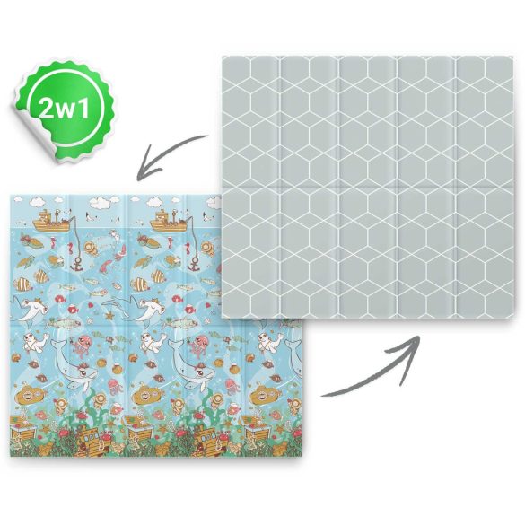 Játszószőnyeg, Nukido NK-340, óceán motívum/szürke, 200 x 180 cm, összehajtható, kétoldalas, vízálló, 1 cm vastag, XPE hab, csúszásgátló