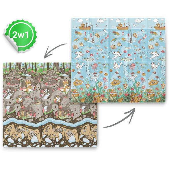 Játszószőnyeg, Nukido NK-340, óceán motívum/föld motívum, 200 x 180 cm, összehajtható, kétoldalas, vízálló, 1 cm vastag, XPE hab, csúszásgátló