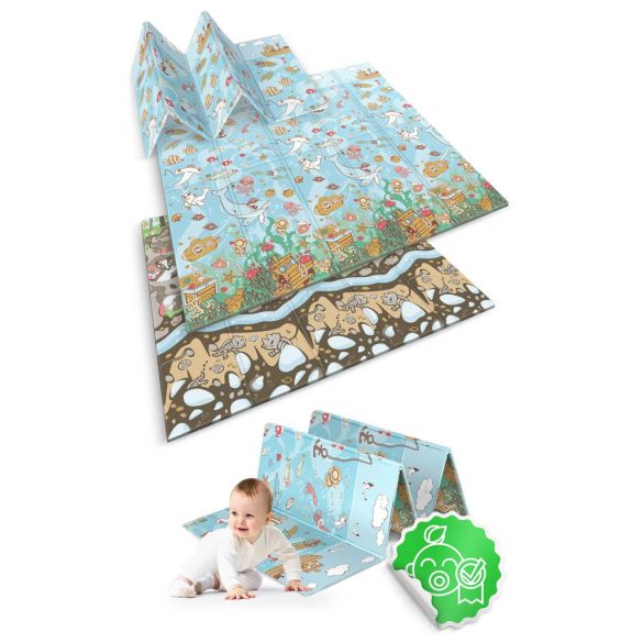 Játszószőnyeg, Nukido NK-340, óceán motívum/föld motívum, 200 x 180 cm, összehajtható, kétoldalas, vízálló, 1 cm vastag, XPE hab, csúszásgátló