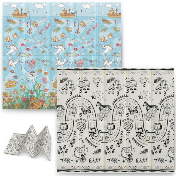 Játszószőnyeg, Nukido NK-340, óceán motívum/szafari, 200 x 180 cm, összehajtható, kétoldalas, vízálló, 1 cm vastag, XPE hab, csúszásgátló