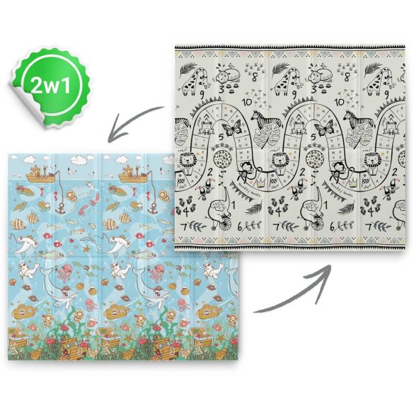 Játszószőnyeg, Nukido NK-340, óceán motívum/szafari, 200 x 180 cm, összehajtható, kétoldalas, vízálló, 1 cm vastag, XPE hab, csúszásgátló