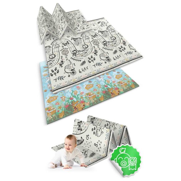 Játszószőnyeg, Nukido NK-340, óceán motívum/szafari, 200 x 180 cm, összehajtható, kétoldalas, vízálló, 1 cm vastag, XPE hab, csúszásgátló