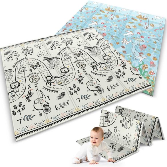 Játszószőnyeg, Nukido NK-340, óceán motívum/szafari, 200 x 180 cm, összehajtható, kétoldalas, vízálló, 1 cm vastag, XPE hab, csúszásgátló