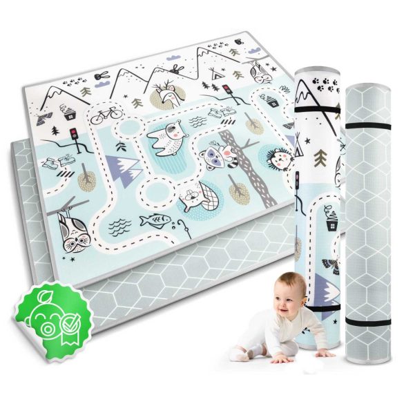 Játszószőnyeg, Nukido NK-342, hegy-völgy útvonal, kék, 180 x 150 cm, feltekerhető, kétoldalas, vízálló, 1,5 cm vastag, XPE hab, csúszásgátló