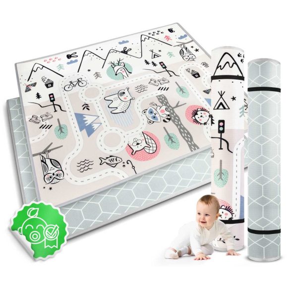 Játszószőnyeg, Nukido NK-342, hegy-völgy útvonal, szürke, 180 x 150 cm, feltekerhető, kétoldalas, vízálló, 1,5 cm vastag, XPE hab, csúszásgátló