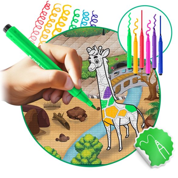 Játszószőnyeg, Ricokids RK-343, állatkerti jelenet, 200 x 120 cm, színezhető, letörölhető, vízálló, feltekerhető, EVA hab, filctoll készlettel, 0,3 cm vastag