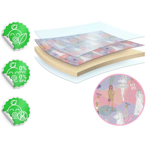 Játszószőnyeg, Ricokids RK-343, rózsaszín alap figurákkal, 200 x 120 cm, színezhető, letörölhető, vízálló, feltekerhető, EVA hab, filctoll készlettel, 0,3 cm vastag