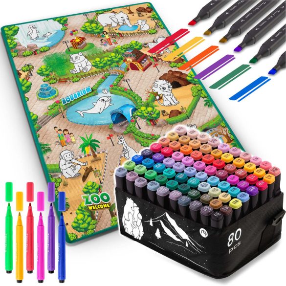 Játszószőnyeg, Ricokids RK-343, állatkerti jelenet, 120 x 92 cm, színezhető, letörölhető, vízálló, feltekerhető, EVA hab, 6 db lemosható filctoll készlettel, 0,3 cm vastag, 80 db-os alkoholos filctoll készlet