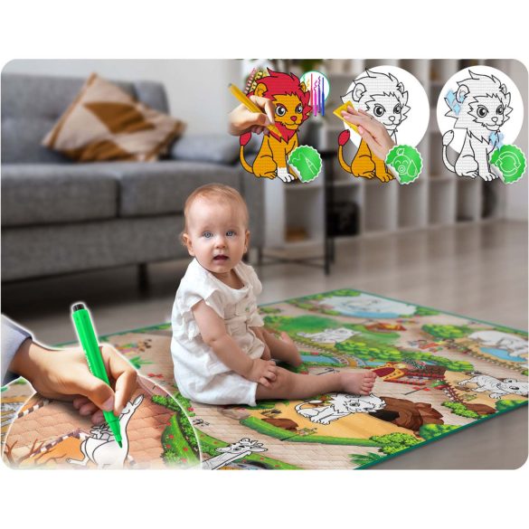 Játszószőnyeg, Ricokids RK-343, állatkerti jelenet, 120 x 92 cm, színezhető, letörölhető, vízálló, feltekerhető, EVA hab, 6 db lemosható filctoll készlettel, 0,3 cm vastag, 80 db-os alkoholos filctoll készlet