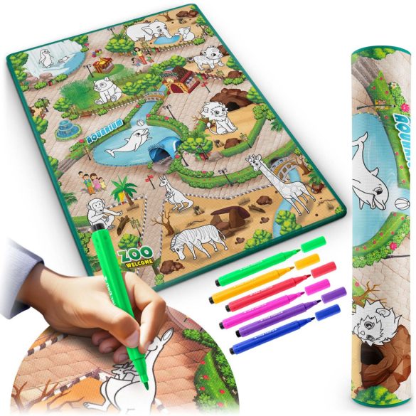Játszószőnyeg, Ricokids RK-343, állatkerti jelenet, 120 x 92 cm, színezhető, letörölhető, vízálló, feltekerhető, EVA hab, 6 db lemosható filctoll készlettel, 0,3 cm vastag, 80 db-os alkoholos filctoll készlet